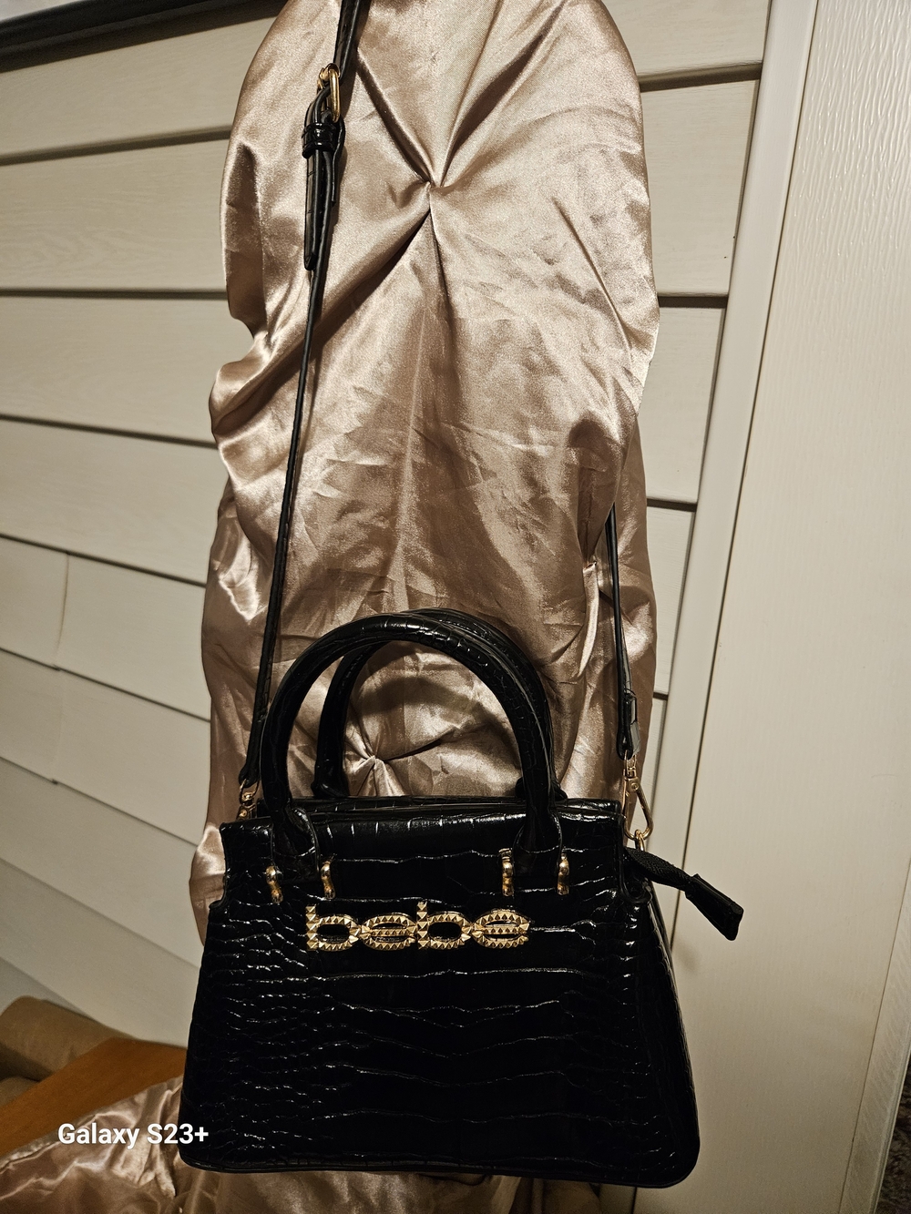 bebe Black Croc-Embossed Satchel with Gold Logo